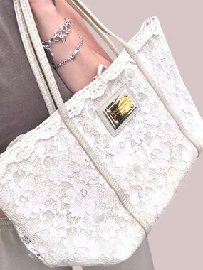 Auth Dolce & Gabbana white lace leather large tote bag boho cheetah lining ☀️ 🐆